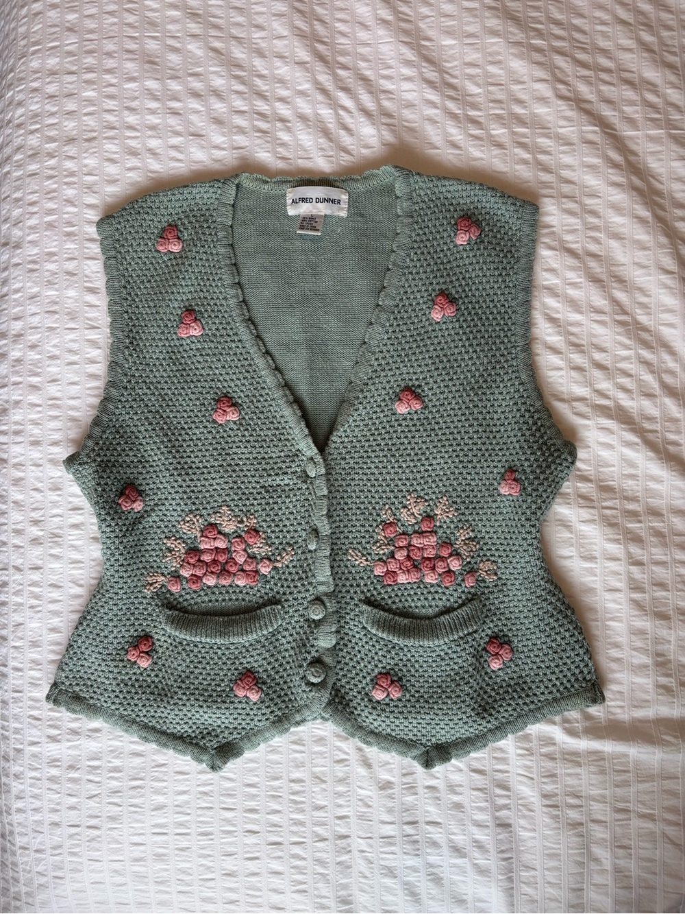 Alfred Dunner Sage Green Crochet Vest with Pink Rose Embroidery